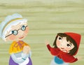 Cartoon scene with grandmother and girl in red hood granddaughter in the rest room illustration for children