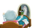 Cartoon scene with grandmother resting in the bed reading book and wolf entering illustration for children