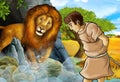 Cartoon scene with greek or roman warrior or philosopher fighting nemean lion Royalty Free Stock Photo