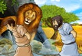 Cartoon scene with greek or roman warrior or philosopher fighting nemean lion Royalty Free Stock Photo