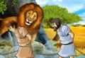 Cartoon scene with greek or roman warrior or philosopher fighting nemean lion Royalty Free Stock Photo