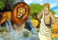 Cartoon scene with greek or roman warrior or philosopher fighting nemean lion