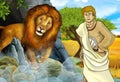 Cartoon scene with greek or roman warrior or philosopher fighting nemean lion