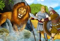 Cartoon scene with greek or roman warrior or philosopher fighting nemean lion