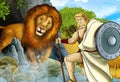 Cartoon scene with greek or roman warrior or philosopher fighting nemean lion