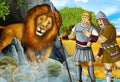 Cartoon scene with greek or roman warrior or philosopher fighting nemean lion