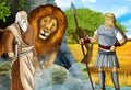 Cartoon scene with greek or roman warrior or philosopher fighting nemean lion