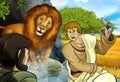 Cartoon scene with greek or roman warrior or philosopher fighting nemean lion