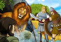 Cartoon scene with greek or roman warrior or philosopher fighting nemean lion