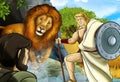 Cartoon scene with greek or roman warrior or philosopher fighting nemean lion Royalty Free Stock Photo