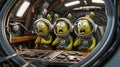 Cartoon scene A group of avocado astronauts huddled inside their spaceship nervously clutching their pit helmets as they