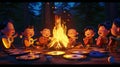 Cartoon scene of a group of CDs gathered around a campfire roasting marshmallows and singing campfire songs in