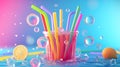 Cartoon scene A group of colorful straws huddling around a tiny cup of lemonade each one determined to be the first to