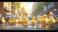 Cartoon scene A group of ducks waddling through a busy city street causing chaos as they quack and honk their way past