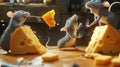 Cartoon scene of a group of mischievous mice plotting their cheese heist in the dead of night. One mouse uses a