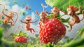 Cartoon scene A group of mischievous monkeys using a giant strawberry as a trampoline bouncing high into the air and Royalty Free Stock Photo