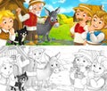 Cartoon scene - group of people talking - donkey near them - life in small village - old medieval times - with coloring page
