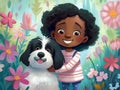 Cartoon scene with happy African American girl with her dog. Illustration for children\'s book. Generative AI Royalty Free Stock Photo