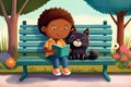 Cartoon scene with happy boy reading book with black cat in the park on a bench. Children\'s book illustration. Generative AI Royalty Free Stock Photo