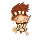 Cartoon scene with happy caveman barbarian warrior fisherman on white background