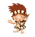 Cartoon scene with happy caveman barbarian warrior fisherman on white background