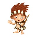 Cartoon scene with happy caveman barbarian warrior fisherman on white background