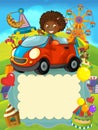 Cartoon scene with happy child girl in toy car - boy near amusement car Royalty Free Stock Photo