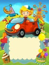 Cartoon scene with happy child in toy car - boy near amusement car Royalty Free Stock Photo