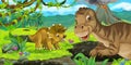 Cartoon scene with happy dinosaur maiasauria and triceratops near erupting volcano