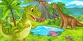 Cartoon scene with happy dinosaur tyrannosaurus rex near erupting volcano and diplodocus