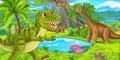 Cartoon scene with happy dinosaur tyrannosaurus rex near erupting volcano and diplodocus - illustration for childrencartoon scene Royalty Free Stock Photo