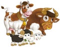 cartoon scene with happy farm animal cow and bul and two sheep having fun together isolated illustration for children Royalty Free Stock Photo