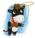 cartoon scene with happy farmer ranch cow bull holding rope and making lasso illustration for children Royalty Free Stock Photo