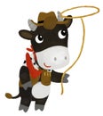 cartoon scene with happy farmer ranch cow bull holding rope and making lasso illustration for children Royalty Free Stock Photo