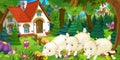 Cartoon scene with happy and funny sheep near farm house in the forest Royalty Free Stock Photo