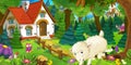 Cartoon scene with happy and funny sheep running and jumping near farm house in the forest