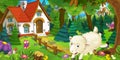 Cartoon scene with happy and funny sheep running and jumping near farm house in the forest Royalty Free Stock Photo