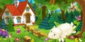 Cartoon scene with happy and funny sheep running and jumping near farm house in the forest