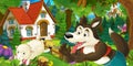 Cartoon scene with happy and funny sheep running jumping near farm house and wolf is looking in the forest Royalty Free Stock Photo