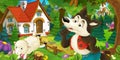 Cartoon scene with happy and funny sheep running jumping near farm house and wolf is looking in the forest