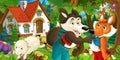 Cartoon scene with happy and funny sheep running jumping near farm house and wolf is looking at fox in the forest Royalty Free Stock Photo