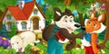 Cartoon scene with happy and funny sheep running jumping near farm house and wolf is looking at fox in the forest