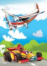 Cartoon scene with happy and funny sports car and plane illustration for children