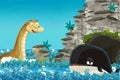 Cartoon scene with happy and funny whale and sea monster swimming near the cave - illustration Royalty Free Stock Photo