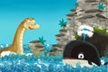 Cartoon scene with happy and funny whale and sea monster swimming near the cave - illustration Royalty Free Stock Photo