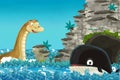 Cartoon scene with happy and funny whale and sea monster swimming near the cave - illustration Royalty Free Stock Photo