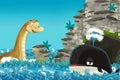 Cartoon scene with happy and funny whale and sea monster swimming near the cave - illustration Royalty Free Stock Photo