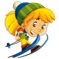 cartoon scene with happy girl kid teenager skiing jumping winter sport isolated illustration for children