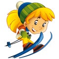 cartoon scene with happy girl kid teenager skiing jumping winter sport isolated illustration for children