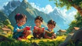 cartoon scene with happy kids reading books in the forest illustration for children. Royalty Free Stock Photo